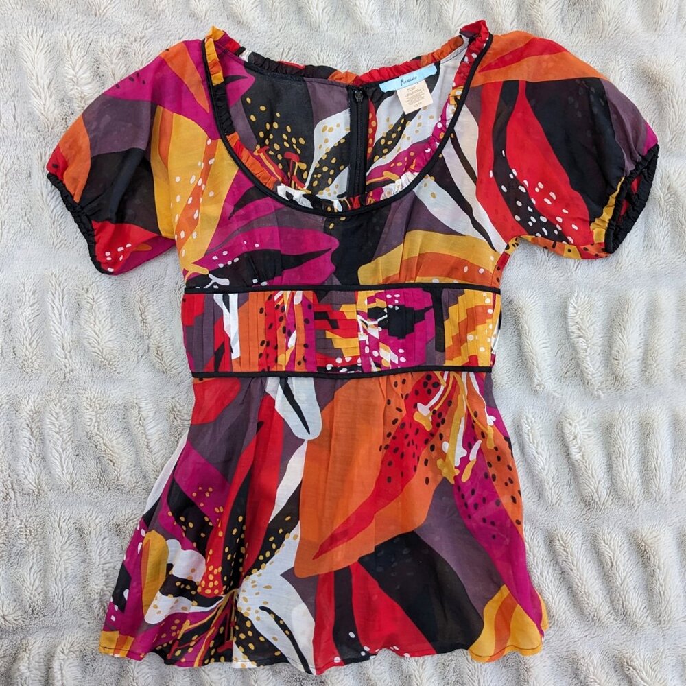 MARCIANO Silk & Cotton Tropical Print Fuchsia Orange.Floral Puff Sleeve Top, XS